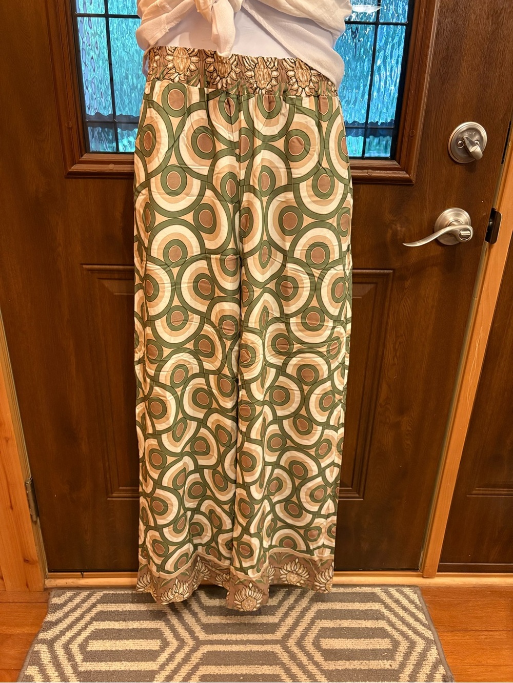 Green & Cream Retro Circle Print Wide Leg Pants L